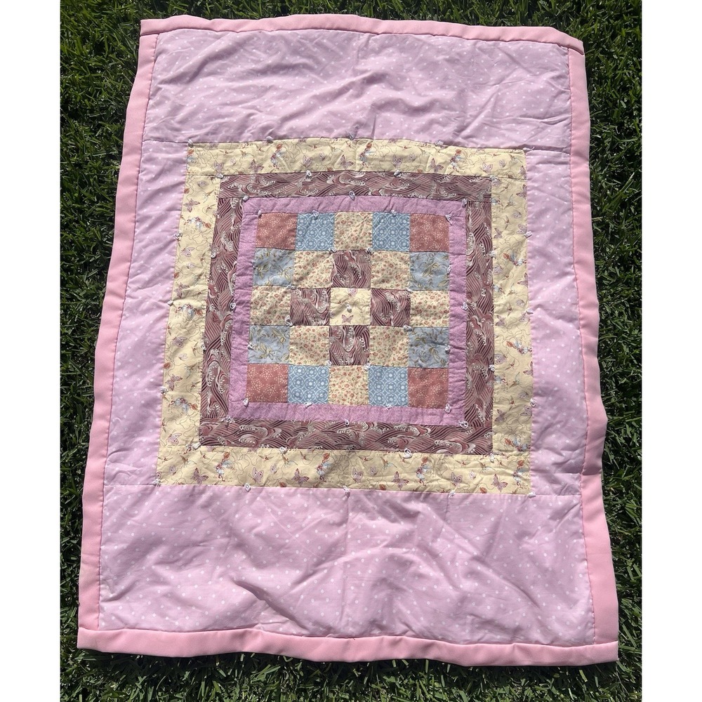 Pink Pieced Patchwork Tie Quilt Butterflies Florals Lap Throw 48in X 35in